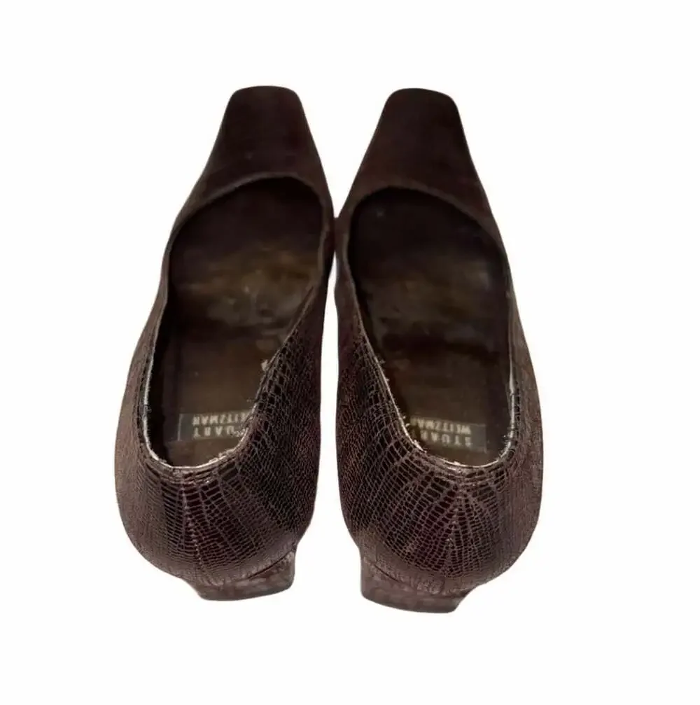 Stuart Weitzman Brown Snake Embossed Leather Square Toe Block Heel Pumps